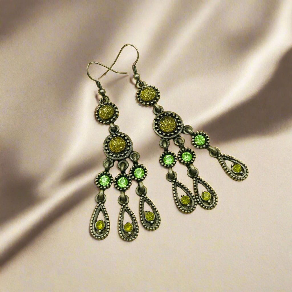 Green Cluster Drop Oxidised Earrings