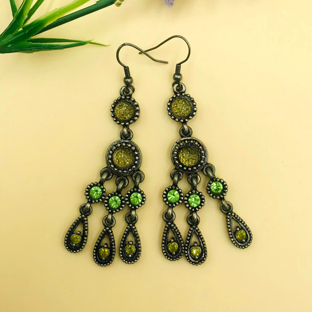 Green Cluster Drop Oxidised Earrings