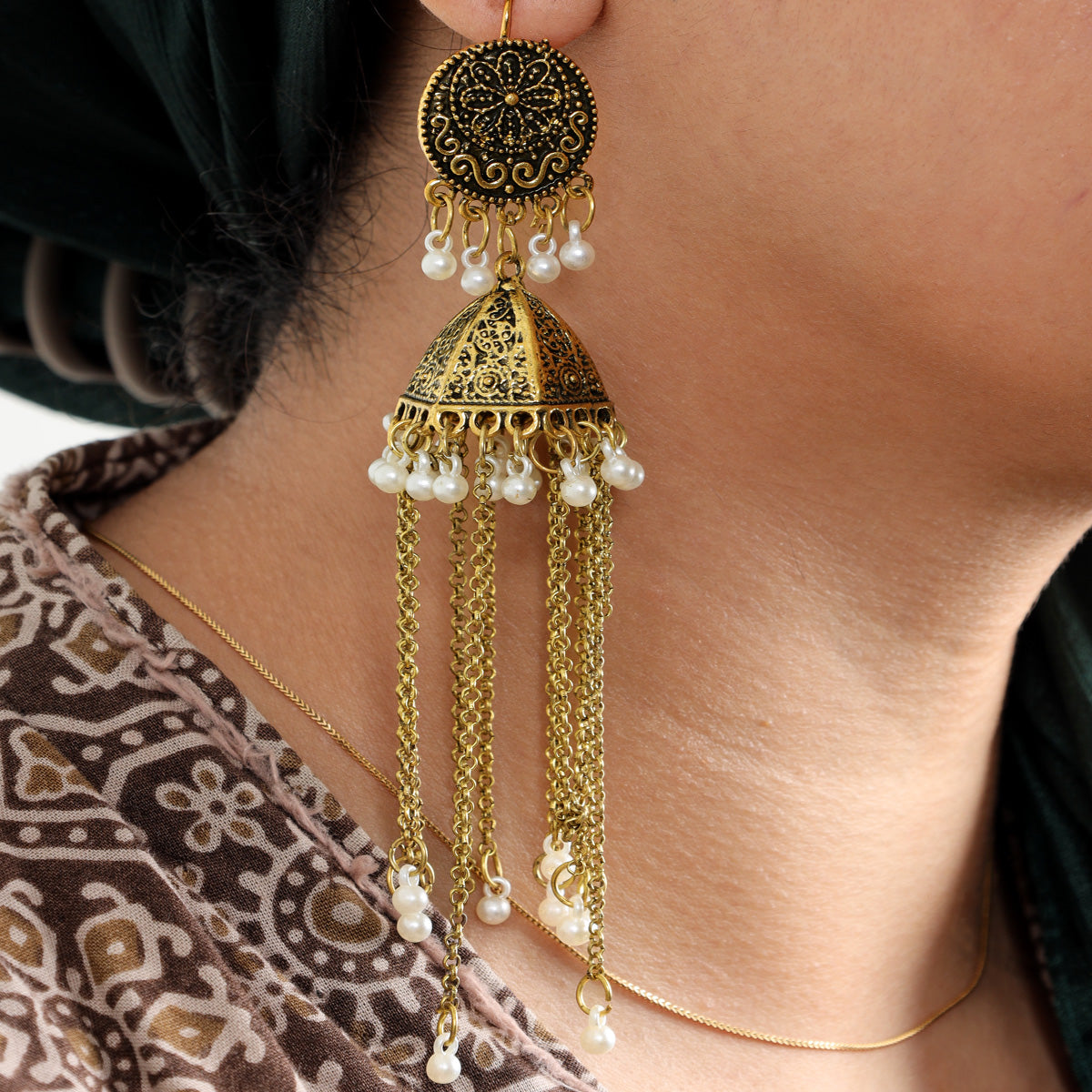 Golden Oxidised Jhumka Earrings